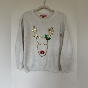 Holiday Traditions Eyelash Ugly Christmas Sweater Gold Sequin Rudolph Reindeer L
